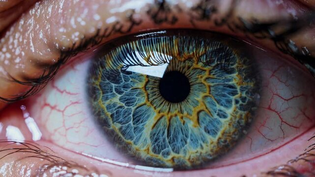 Close-up of a human eye with blue and yellow iris