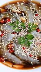 shrimp in soy sauce on white plate, korean style menu