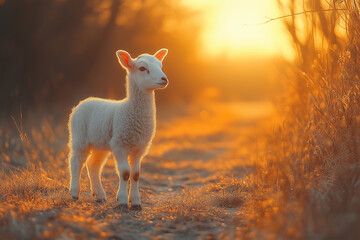 a little white sheep in the woods with yellow all over it.