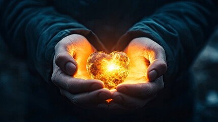 Warm embrace of light within hands holding a glowing heart shape, symbolizing love and hope in a dark setting