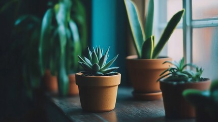 Fototapeta premium Serene Indoor Plantscape: Succulents Basking in Sunlight