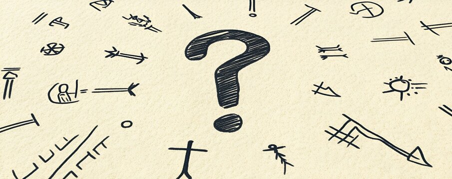 Question Mark concept. Abstract illustration featuring symbols and a central question mark on a textured background.