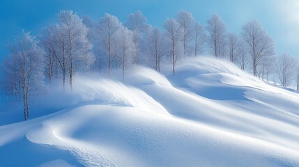 Obraz premium Snowy panorama: Winter enveloping a beautiful landscape, emphasizing the serene and majestic quality of the season with snow-covered and a tranquil, scenic backdrop.