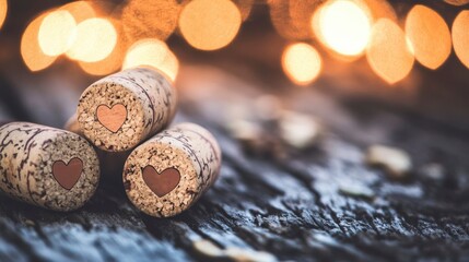 Close up view of decorative wine corks with heart shapes set against a blurred background of sparkling lights