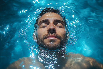 man in the pool lying on the water with closed eyes close-up
