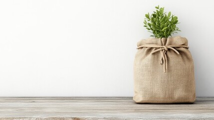A burlap sack filled with vibrant greenery sits elegantly on a rustic wooden table against a minimalistic backdrop.