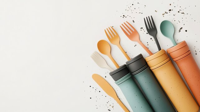 Vibrant collection of reusable utensils and containers in modern design arranged with artistic flair on a clean surface