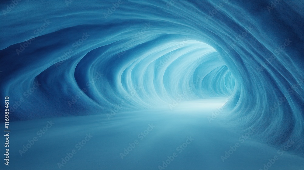 Poster mysterious 3d rendered cave with blue and turquoise wavy surfaces illuminated by soft light, evoking