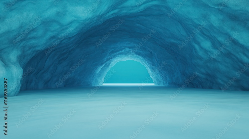 Poster surreal 3d rendered cave with vibrant blue and turquoise wavy surfaces creating an enchanting abstra