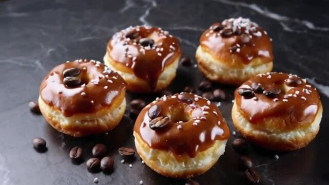 Espresso caramel cronuts with caramel glaze, espresso beans, and sea salt, arranged in a circular pattern on dark marble with rich tones
