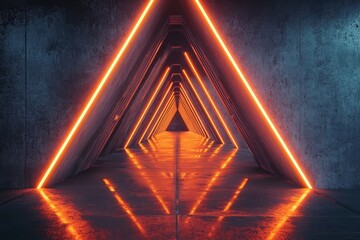 A long, dark tunnel with orange neon lights in the shape of an isosceles triangle. The background is a grey concrete wall.
