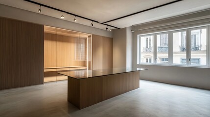 Obraz premium Modern Minimalist Interior Design: Light-Filled Room with Wooden Features and Glass Partition