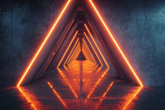 A long, dark tunnel with orange neon lights in the shape of an isosceles triangle. The background is a grey concrete wall.