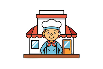 Bright and cheerful illustration of a professional chef in a classic restaurant, suitable for menus, ads, or food app icons