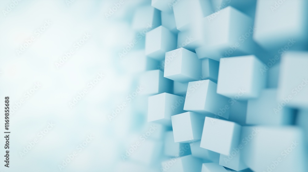 Poster abstract 3d shapes floating in space with reflective surface and light blue background for modern de