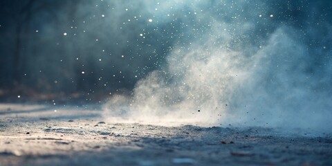 Background with cloud dust and light blue light empty stage for text, destruction, film,