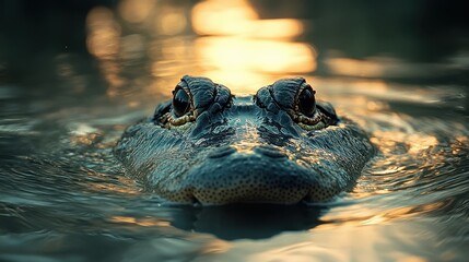 Obraz premium An alligator swimming just below the water's surface, stealthy and calm