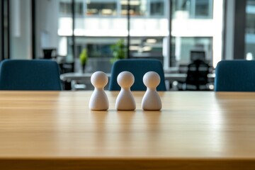 Three white figurines sit in a row on a conference table in an office setting.