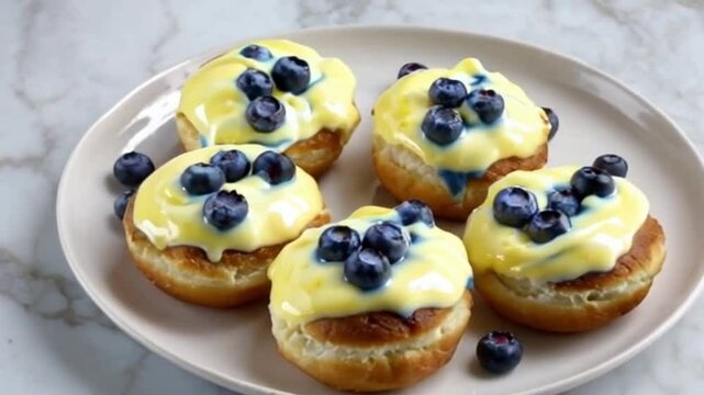 Lemon berry cronuts with lemon glaze, blueberries, and icing drizzle, set against a light gray marble background with yellow and blue tones