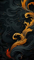 A stunning abstract artwork featuring intricate swirling patterns in shades of black, gray, and vibrant orange, creating a dynamic and elegant visual flow