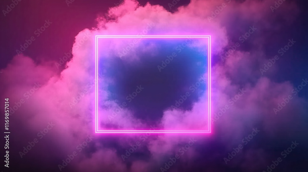 Poster neon blue and purple light with cloud formation in square frame creating a surreal and dreamy atmosp