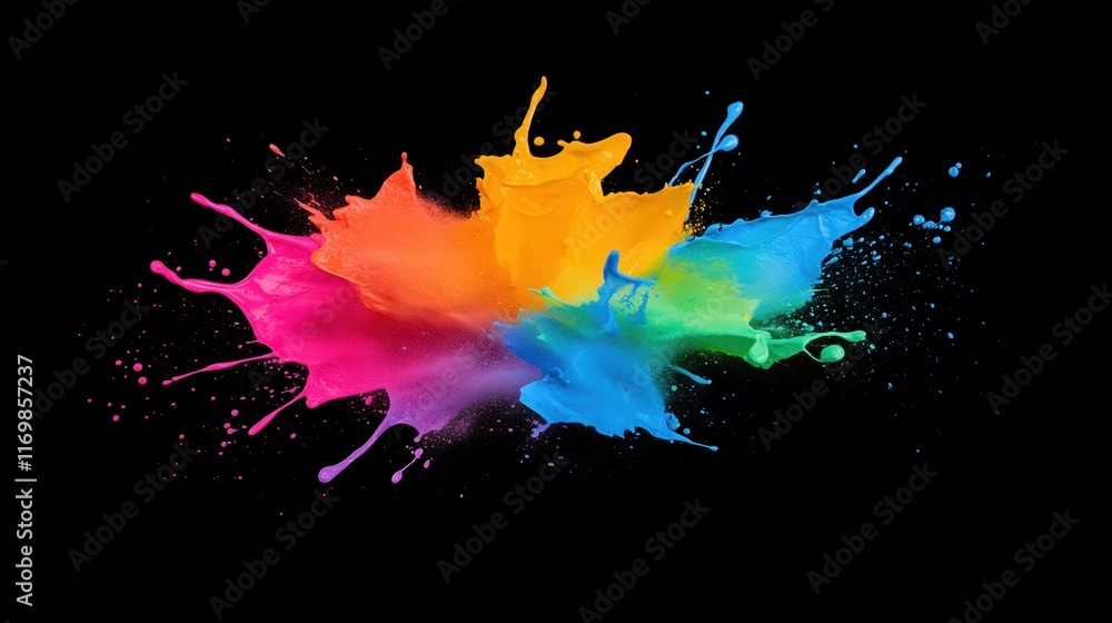 Poster vibrant neon paint splashes on black background showcasing dynamic bright colors and energetic artis