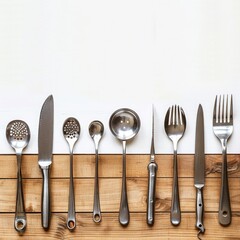 Various kitchen utensils displayed on wooden table.