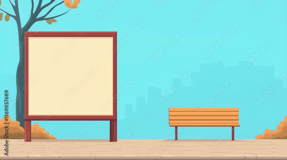Aufkleber empty advertising banner and bench at bus stop with autumn trees and cityscape in background