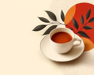 A cup of tea on a saucer with dark leaves and an abstract background.