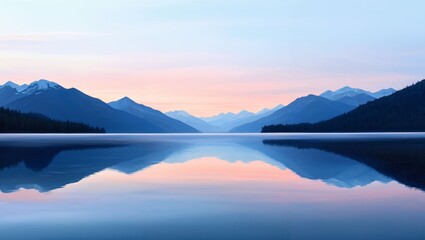 Serene reflections paint a tranquil lake at dawn, surrounded by majestic mountains under a pastel sky, inviting calm and contemplation in nature's embrace.