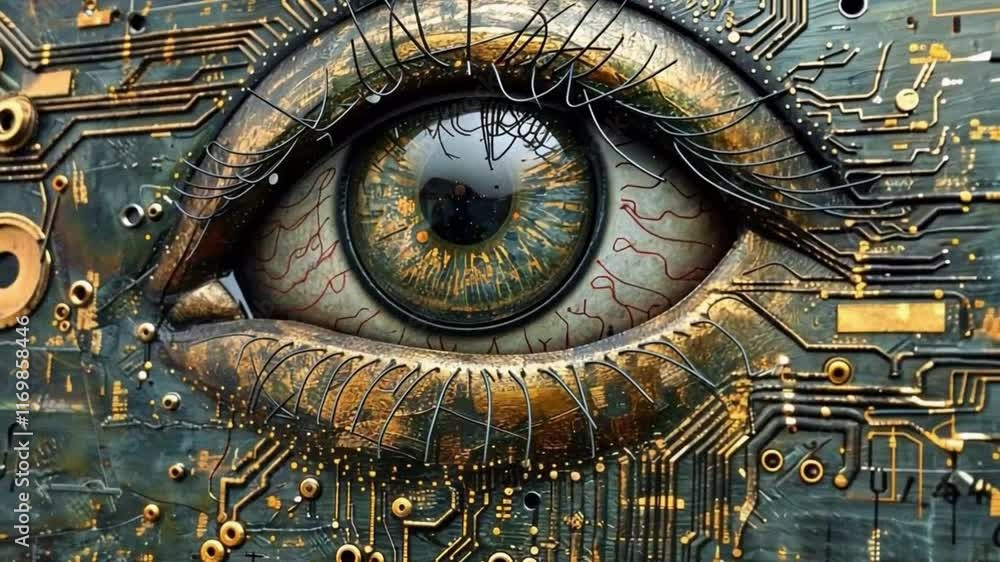 Leinwandbilder a vividly detailed eye is depicted, seamlessly integrated into a circuit board filled with intricate