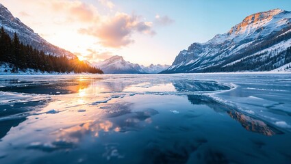 Naklejka premium A breathtaking depiction of a serene winter landscape, where the sun sets behind towering snow-capped mountains, illuminating the frozen lake in vivid orange and blue hues.