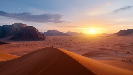 Naklejka premium A Striking Dune at Dawn: The Majestic Desert Landscape Bathed in Golden Light Invites Serenity and Contemplation Amidst Nature's Timeless Beauty and Splendor.