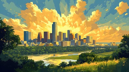 Golden Sunset Over Austin City Skyline River and Trees