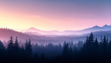 A breathtaking dawn view over the misty mountains showcases a gradient of soft colors, where vibrant pinks blend into calm blues, enveloping the serene forest landscape.