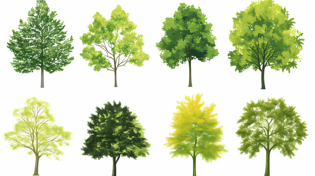 Various deciduous trees silhouettes on the white background. Evergreen. Illustration