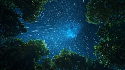 Fototapeta premium A breathtaking view of a starry night sky emerging through a dense forest, where vibrant stars move in streams, illuminating the cosmic beauty above and surrounding foliage.