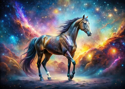 Celestial stallion: a cosmic horse portrait, galactic equine art.