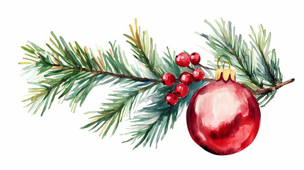 Watercolor painting of a festive evergreen branch with a red ornament and berries, perfect for christmas and holiday-themed designs. Evergreen. Illustration