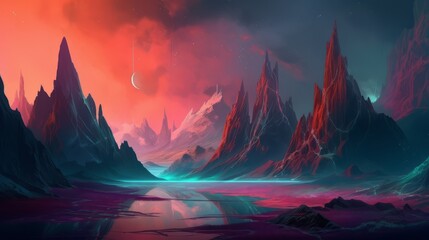 A surreal alien landscape with towering crystalline mountains that radiate with glowing blue and green light, floating islands above a crimson sky with swirling nebulae.