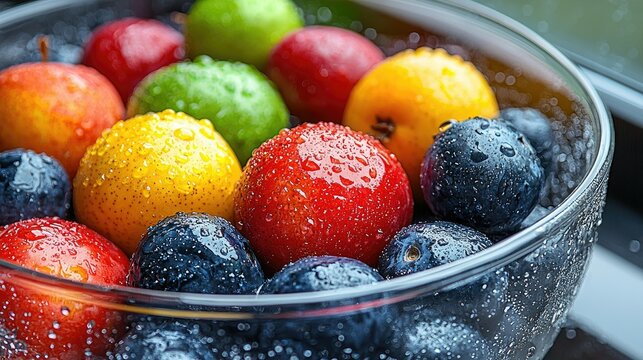 Colorful plums and blueberries in a glass bowl with water droplets.