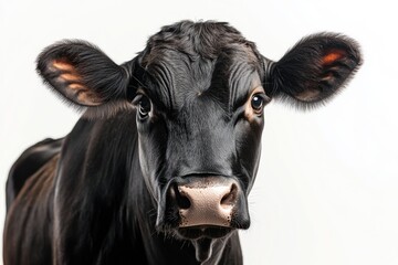 Close-up of a black and white cow looking at the camera with a focused expression. This cow could be a dairy breed such as a Holstein, indicating its role in milk production.