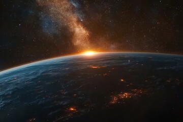Fototapeta premium A view of the Earth from space, glowing with blue and orange light in the center of the scene, representing the sunrise over the planet.
