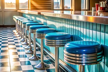Retro Diner Lunch Counter: Classic Blue Stools & Vintage Vibe