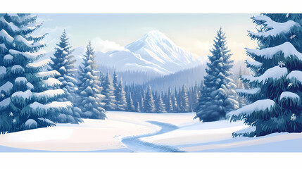 Winter nature landscape with a snow-covered trail leading to a distant mountain peak, framed by evergreen trees. Evergreen. Illustration