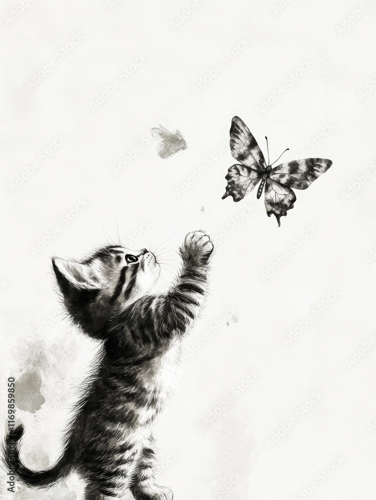 Poster cat is trying to catch a butterfly. the cat is small and cute, and the butterfly is large and colorf