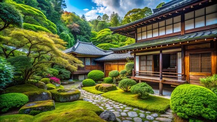 Fototapeta premium Serene Japanese Garden: Traditional House & Lush Greenery