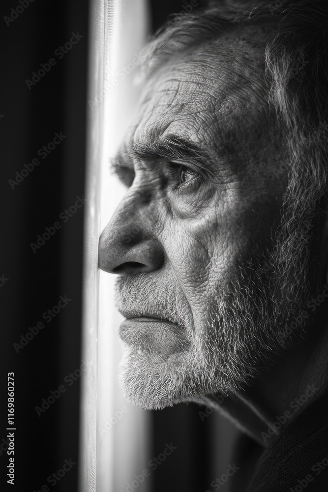 Aufkleber man with a beard and gray hair is looking out a window. he is looking at something outside, but it i