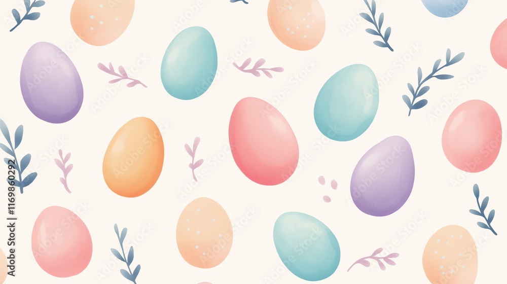 Poster pastel colored easter eggs and leaves repeating pattern with soft spring tones on light background p