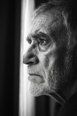 Obraz premium Man with a beard and gray hair is looking out a window. He is looking at something outside, but it is not clear what it is. The man's expression is serious and contemplative